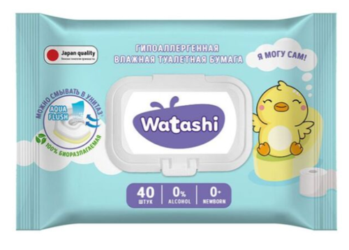 Туалетная Бумага Влажная Watashi Детская с Крышкой 0+ 40шт