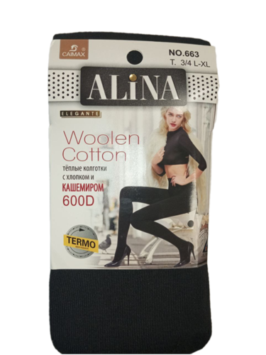 Теплые колготки Alina из кашемира и хлопка 600 ден р. 3-4(l-xl) черные
