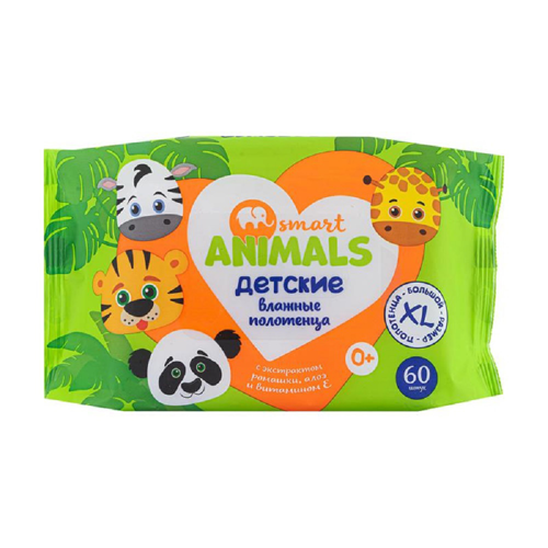 Полотенца Влажные SMART Animals детские с Алоэ 60шт